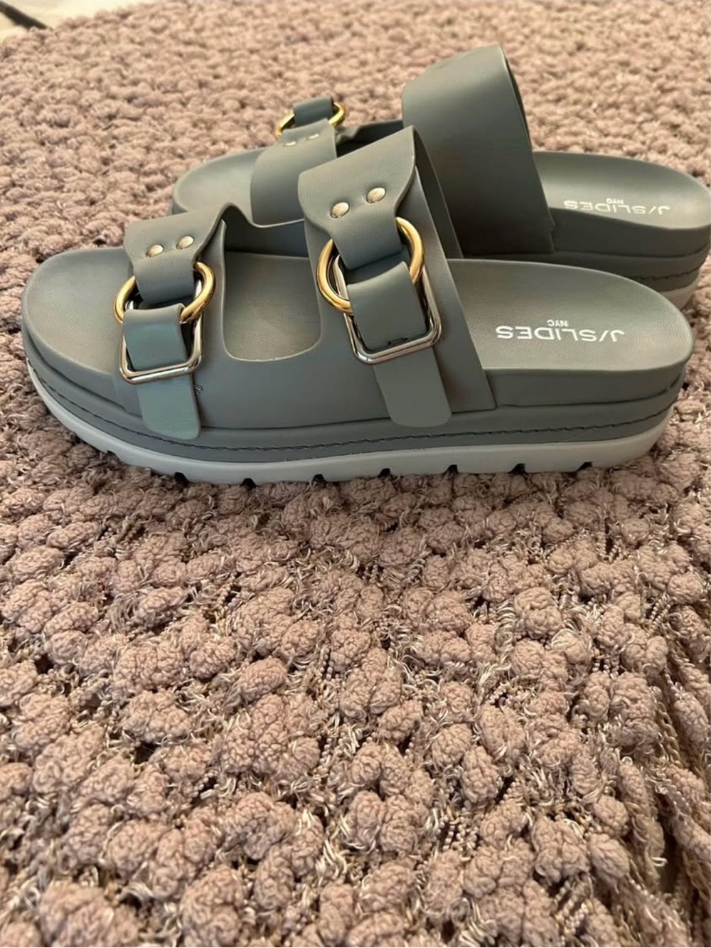 J/SLIDES Gray Baha Sandals with Gold/Silver Buckles
